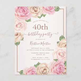 Invitation Carte Postale Elégante couleur or Rose or aquarelle Floral 40e a