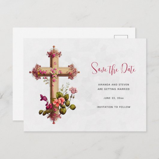 Invitation Carte Postale Elégante croix aux fleurs roses Enregistrer la dat (Devant / Derrière)