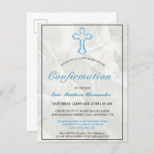 Invitation Carte Postale Elégante Croix Bleue Marbre Garçons Confirmation