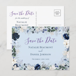 Invitation Carte Postale Elégante Dusty Blue Floral Enregistrer la date