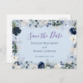 Invitation Carte Postale Elégante Dusty Blue Floral Enregistrer la date (Devant / Derrière)