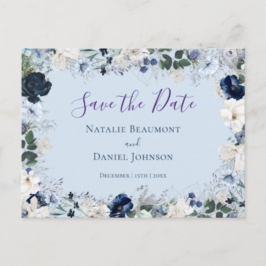Invitation Carte Postale Elégante Dusty Blue Floral Enregistrer la date (Devant)