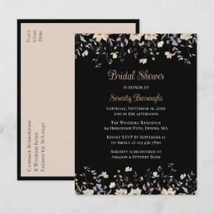 Invitation Carte Postale Élégante Fête de Mariage Florale Sauvage Noire Boh