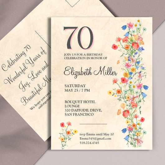 Invitation Carte Postale Élégante Fleur 70 ans Fête Florale 70e anniversair