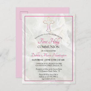 Invitation Carte Postale Élégante Marbre rose Filles Première Sainte Commun