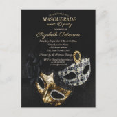 Invitation Carte Postale Elégante Mascarade noire, Masque Sweet 16 (Devant)