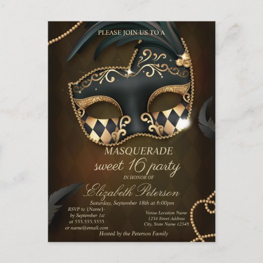 Invitation Carte Postale Elégante Masquerade Sweet 16 (Devant)