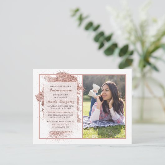 Invitation Carte Postale Elégante Parties scintillant Rose or Quinceañera P (Debout devant)