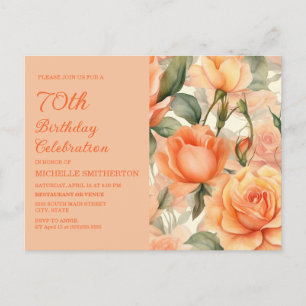 Invitation Carte Postale Elégante Pêche Orange Floral Roses 70e anniversair