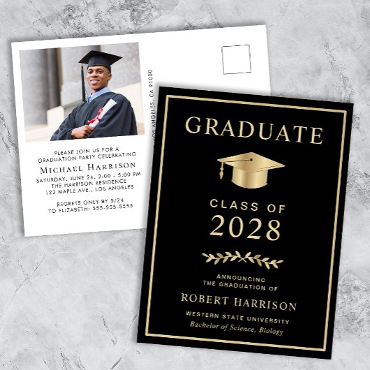Invitation Carte Postale Élégante photo Black College Graduation Party