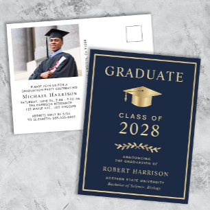 Invitation Carte Postale Élégante photo Blue College Graduation Party