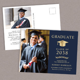 Invitation Carte Postale Élégante Photo Blue Gold Graduation Party