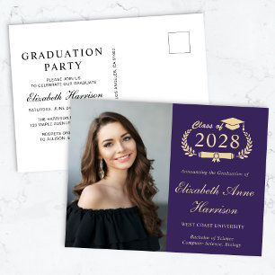 Invitation Carte Postale Élégante Photo Purple Graduation Party
