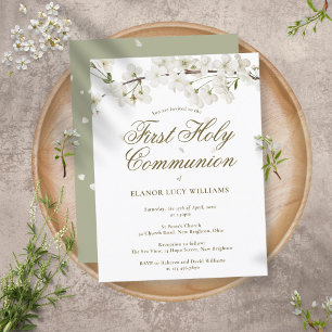 Invitation Carte Postale Élégante Première Sainte Communion Blanche Fleur F