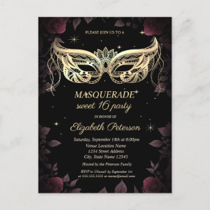 Invitation Carte Postale Élégantes Roses Bourguignon Foncé Douze Noirs pour