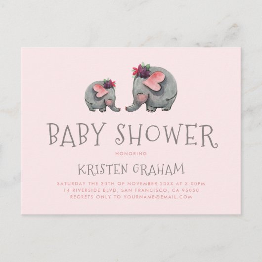 Invitation Carte Postale Eléphant Bébé mou | Baby shower d'aquarelle rose (Devant)