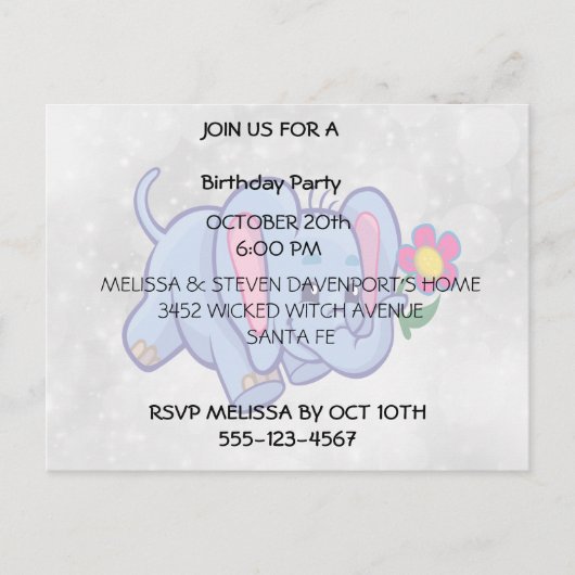 Invitation Carte Postale Éléphant de dessin animé mignon (Devant)