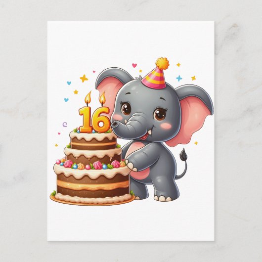 Invitation Carte Postale Éléphant mignon 16e anniversaire (Devant)