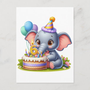 Invitation Carte Postale Éléphant Mignon 6ème Anniversaire