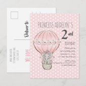 Invitation Carte Postale Éléphant Princesse Rose Ballon Points 2e Anniversa (Devant / Derrière)