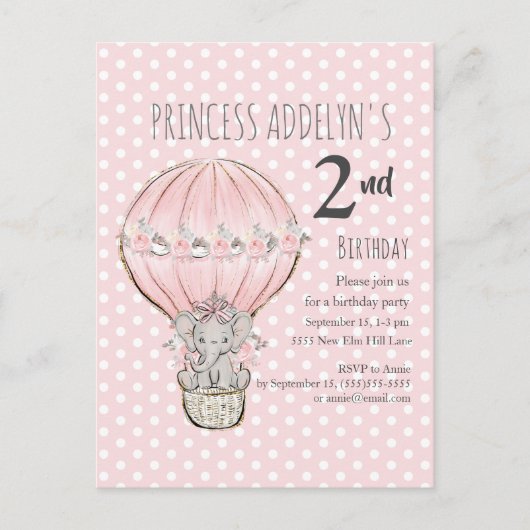 Invitation Carte Postale Éléphant Princesse Rose Ballon Points 2e Anniversa (Devant)