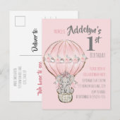 Invitation Carte Postale Éléphant Princesse Rose Montgolfière (Devant / Derrière)