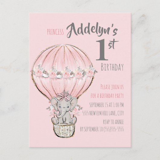 Invitation Carte Postale Éléphant Princesse Rose Montgolfière (Devant)