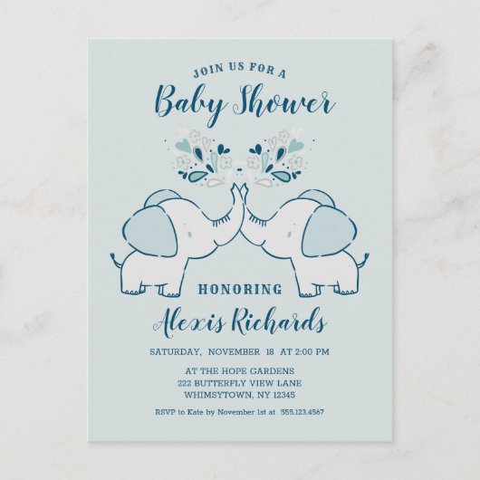 Invitation Carte Postale Eléphants dans Marine & Mint Baby Boy Twins Douche (Devant)