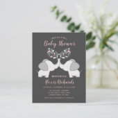 Invitation Carte Postale Eléphants en rose et gris bébé fille Twins Douche (Debout devant)
