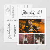 Invitation Carte Postale Elle L'A Fait Diplômé Script Trois Collage Photo (Devant / Derrière)