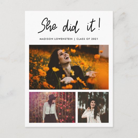 Invitation Carte Postale Elle L'A Fait Diplômé Script Trois Collage Photo (Devant)