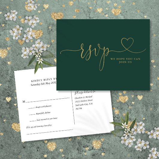 Invitation Carte Postale Emerald And Gold Heart Script Song Request