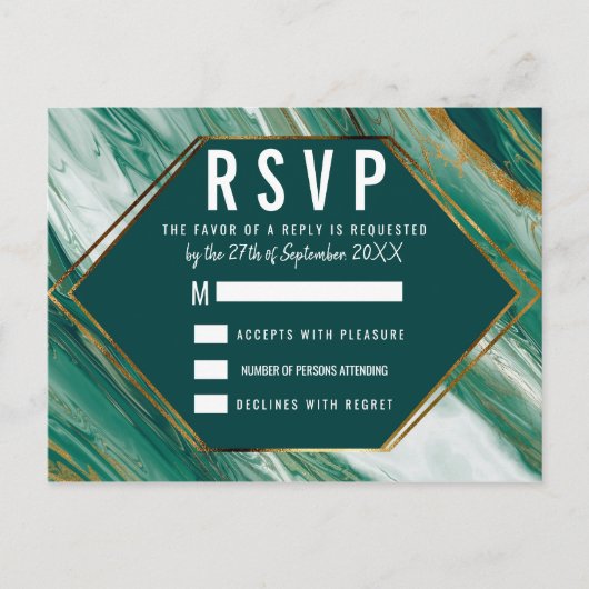 Invitation Carte Postale Emerald Green Gold Abstrait Agate Marbre RSVP (Devant)