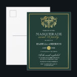 Invitation Carte Postale Emerald Green & Gold Masquerade Sweet 16 Party<br><div class="desc">Emerald Green & Gold Masquerade Sweet 16 Party Postcard Invitations. Doté d'un faux masque en feuille d'or au sommet contre un arrière - plan vert émeraude. Parfait pour une fête de 16 ans moderne et classe !</div>