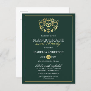Invitation Carte Postale Emerald Green & Gold Masquerade Sweet 16 Party