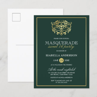 Invitation Carte Postale Emerald Green & Gold Masquerade Sweet 16 Party