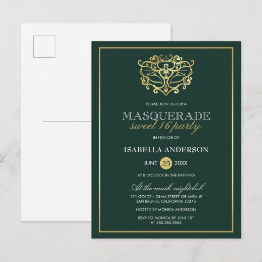 Invitation Carte Postale Emerald Green & Gold Masquerade Sweet 16 Party (Devant / Derrière)