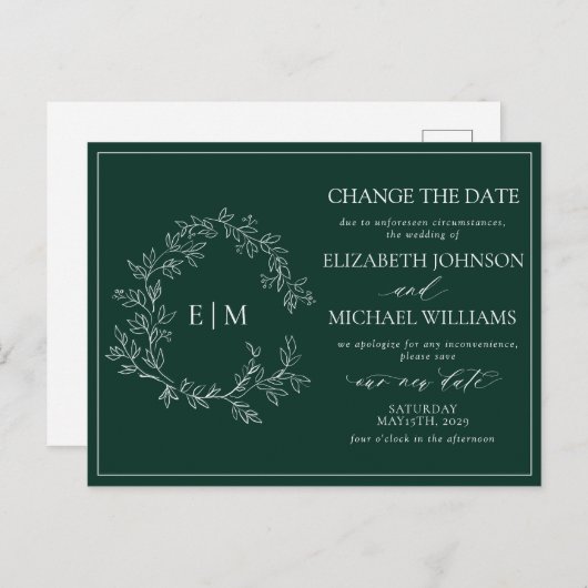 Invitation Carte Postale Emerald Green Leafer Crest Monogramme Modifier La (Devant / Derrière)