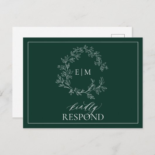 Invitation Carte Postale Emerald Green Leafy Crest Monogramme Mariage RSVP (Devant / Derrière)