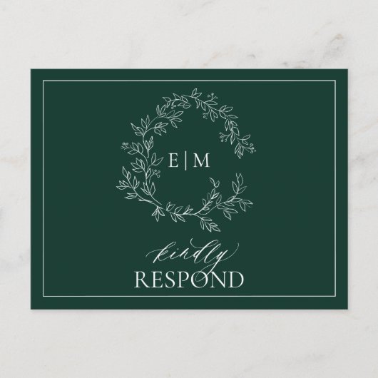 Invitation Carte Postale Emerald Green Leafy Crest Monogramme Mariage RSVP (Devant)