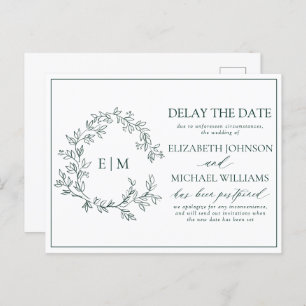 Invitation Carte Postale Emerald Green Leafy Crest Monogramme Retard Date