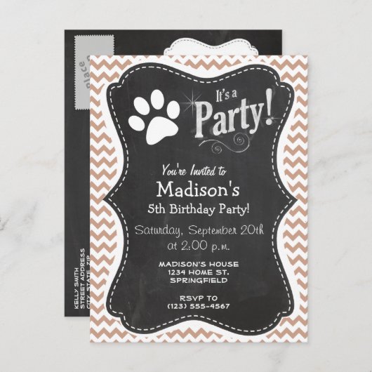Invitation Carte Postale Empreinte de patte ; Brown Chevron (Devant / Derrière)