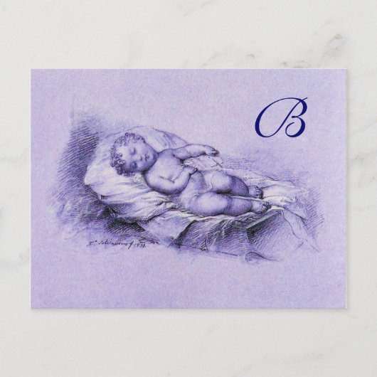 INVITATION CARTE POSTALE ENFANT DORMIER, BABY SHOWER BLEU MONOGRAM (Devant)