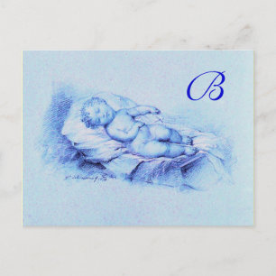 INVITATION CARTE POSTALE ENFANT ENDORMI, BABY-SHOWER BLEU MONOGRAMME