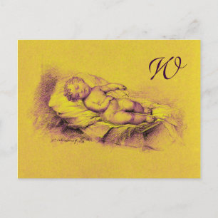 INVITATION CARTE POSTALE ENFANT ENDORMI, JAUNE OR BÉBÉ NAISSANCE MONOGRAMME