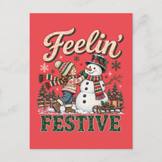 Invitation Carte Postale Enfant qui sent Noël Festif Bonhomme de Neige
