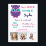 Invitation Carte Postale Enfants hibou fête d'anniversaire mignonne animal<br><div class="desc">Enfants Owl Anniversaire Soirée animal mignon Photo personnalisée Invitation Carte postale. Devine qui a un anniversaire ? Customisez cette invitation colorée à thème hibou en police turquoise, violet et rose. Une petite chouette amusante en haut et trois photos de votre choix pour télécharger la fille d'anniversaire. Personnalisez les détails de...</div>