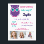 Invitation Carte Postale Enfants hibou fête d'anniversaire mignonne animal<br><div class="desc">Enfants Owl Anniversaire Soirée animal mignon Photo personnalisée Invitation Carte postale. Devine qui a un anniversaire ? Customisez cette invitation colorée à thème hibou en police turquoise, violet et rose. Une petite chouette amusante en haut et trois photos de votre choix pour télécharger la fille d'anniversaire. Personnalisez les détails de...</div>