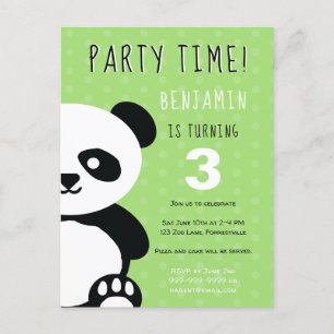 Invitation Carte Postale Enfants Personnalisés Panda Kawaii Vert Anniversai