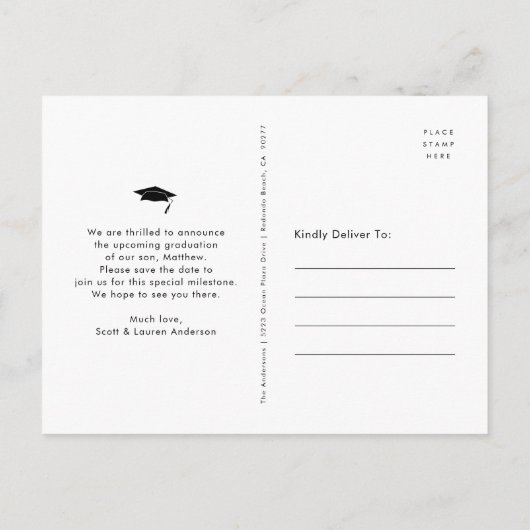 Invitation Carte Postale Enregistrer la date de graduation photo noir blanc (Dos)